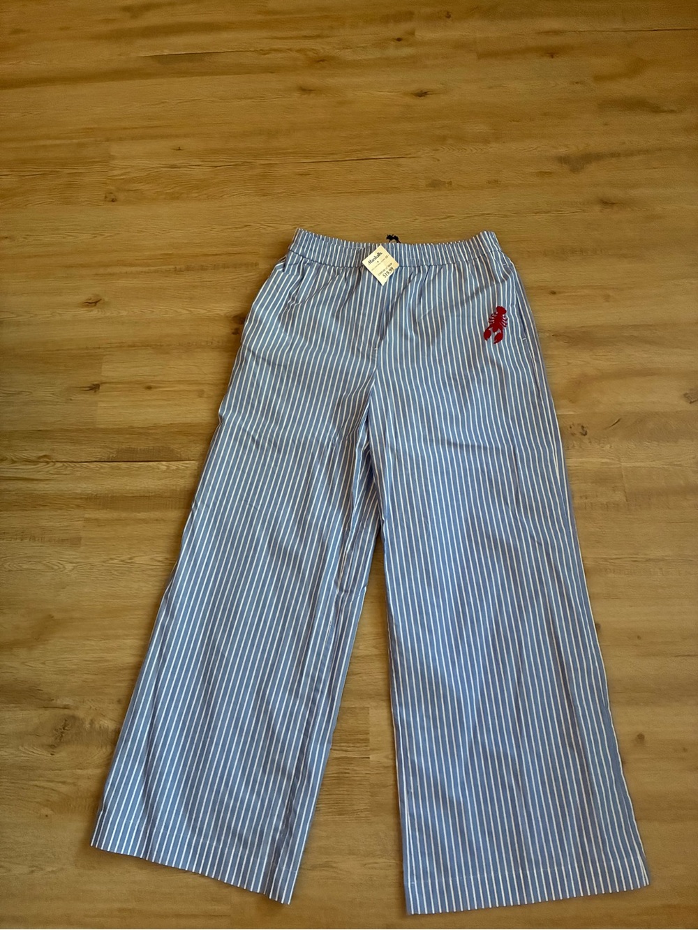 Nicole Miller Blue and White Striped Wide-Leg Pants with Red Embroidery